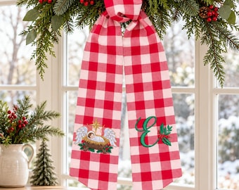 Personalized Christian Christmas Wreath Sash, Embroidered Nativity Scene & Monogram Bow, Religious Holiday Door Decor, Christmas Gift