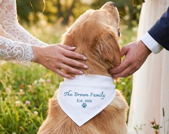 Personalized Family Name Dog Bandana, Custom Wedding Pet Accessory, Ring Bearer Outfit (Est. Year)