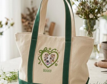 Custom Embroidered Pet Portrait Tote Bag, Personalized Newlywed Gift, Dog Portrait Keepsake for Couples