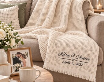 Personalized Wedding Waffle Throw Blanket, Custom Embroidered Couple Names and Date, Wedding Anniversary Gift, Bridal Shower Keepsake