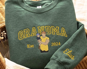 Grandma Embroidery Picture Sweater, Custom Embroidered Portrait Sweatshirt From Photo, First Time Grandma Gift, Christmas Gift