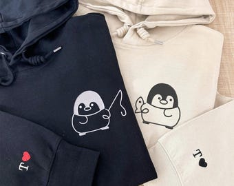 Custom Embroidered Fishing Penguin Matching Hoodies for Couples, Personalized Gift