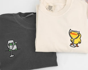 Embroidered Frog & Duck Drinking T-Shirts | Comfort Colors Matching Couple Shirts