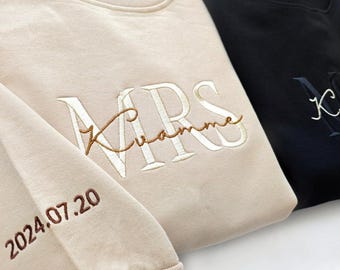 Custom Embroidered Mr and Mrs Sweatshirts - Matching Gift With Name Wedding Date for Anniversary, Honeymoon