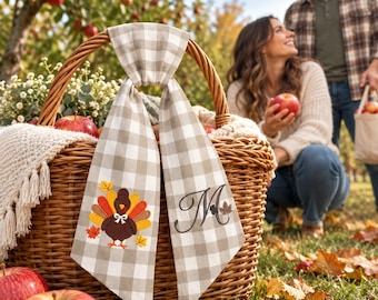Custom Embroidered Turkey Wreath Bow, Personalized Thanksgiving Monogram Sash, Newlywed Housewarming Gift, Fall Front Door Decor