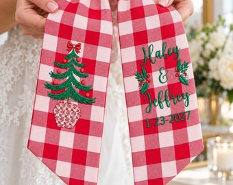 Personalized Christmas Wreath Sash, Custom Embroidered Couple Names & Wedding Date, Red Gingham Holiday Door Bow, Newlywed Christmas Gift