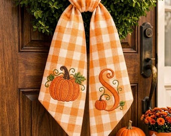 Personalized Pumpkin Wreath Sash, Embroidered Couple Monogram Door Bow, Newlywed Housewarming Gift, Fall Front Door Decor