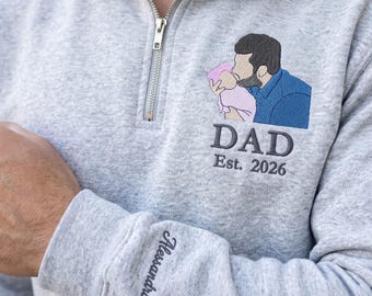 Custom Embroidered Dad Portrait Quarter Zip Sweatshirt from Photo, Personalized Father and Baby Pullover, First Christmas Gift for Dad