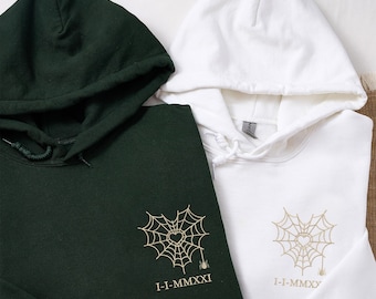 Embroidered Spider Web Heart Couple Hoodies, Matching Christmas Sweatshirts with Date & Initials, Holiday Gift for Couples