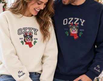 Custom Embroidered Christmas Dog Portrait Couple Sweatshirts from Photo, Personalized Matching Pet Crewnecks, Christmas Gift for Pet Lovers