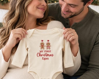 Personalized Baby First Christmas Embroidered Bodysuit, Custom Name Gingerbread Christmas Outfit, Newborn Baby Gift, First Christmas Gift
