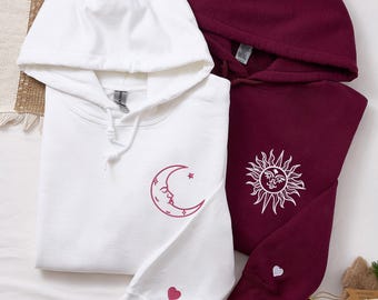 Matching Embroidered Sun and Moon Couple Hoodies – 1st Anniversary Gift for Him Her, Cozy Matching Sweatshirts
