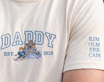 Comfort Colors® Custom Embroidered Dad Portrait T-Shirt from Photo, Personalized Family Shirt with Kids Names on Sleeve, Family Keepsake