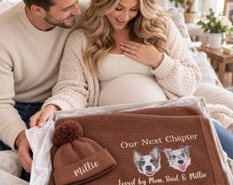 Personalized Knit Baby Blanket Set, Custom Embroidered Pet Portrait from Photo, First Home Gift for Newlyweds, Wedding Keepsake