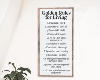 Rules Wood Sign, Golden Rules for Living, Family Rules Wooden Wall Art, Home Rules,