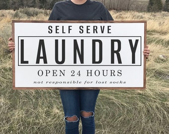 Self Serve Laundry Wood Sign with Solid Wood Framing, Made with Solid Wood, Painted Lettering, Stained Frame