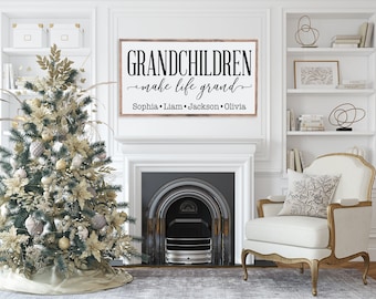 Grandchildren Make Life Grand Wood Sign, Grandparent Gift Wall Art, Gift for Grandma and Grandpa, Personalized Grandchildren Names