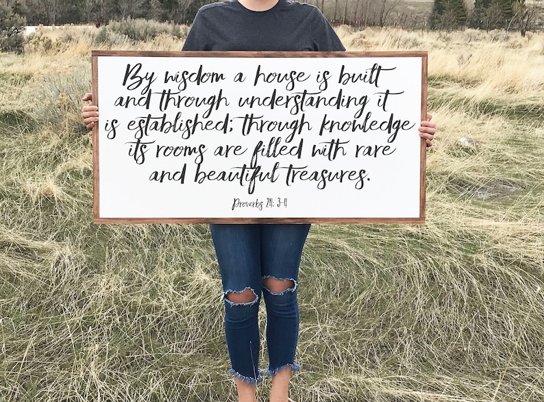 By Wisdom A House Is Built Wood Sign, Framed Bible Verse, Farmhouse Style Sign, Scripture Wall Art, Proverbs 24, image 1