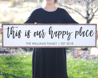 Our Happy Place Wood Sign, Entryway Decor, This is Our Happy Place, Last Name Established Wall Art, Housewarming Gift, Wedding Present