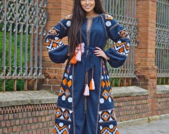 Blue Dress Boho Embroidered Vyshyvanka Dress Embroidery Linen Maxi Dress