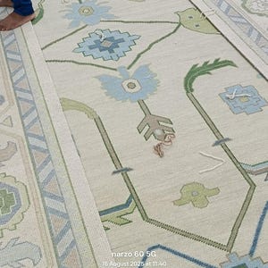 Handmade Turkish Oushak Style Rug, Vintage Floral Area Rug, Ivory Blue Green Carpet, Elegant Living Room Home Decor