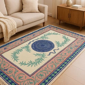 Handmade Vintage Carpet: Bohemian Botanical Rug with Pink & Green Border