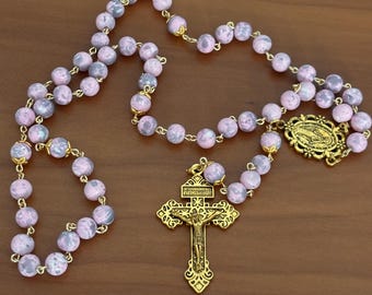 8mm Pink Glass Catholic Rosary, Gold-Tone Chain, Pardon Crucifix, Miraculous Medal