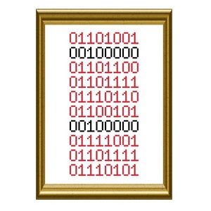 May include: A framed print with a white background and red and black binary code. The code reads "01101001 00100000 01101100 01101111 01110110 01100001 00100000 01111001 01101111 01110101".
