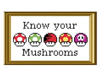 Mario Mushrooms Cross Stitch Pattern Funny Know Your Mushrooms Video Game Chart