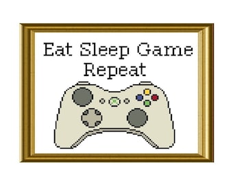 Eat Sleep Game Repeat Xbox Controller Funny Cross Stitch Pattern Video Game Quote