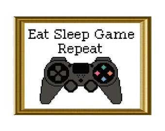 Eat Sleep Game Repeat Playstation Controller Funny Cross Stitch Pattern Video Game Quote