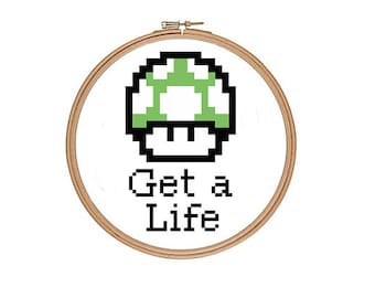 Mario Green Mushroom Counted Cross Stitch Pattern PDF Get a Life Funny