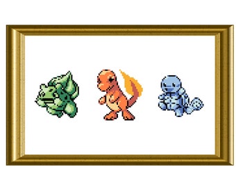 Gameboy Starter Pokemon Counted Cross Stitch Pattern PDF Bulbasaur, Charmander and Squirtle Sprite