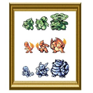 May include: A framed cross-stitch pattern featuring different Pokemon characters, including Bulbasaur, Charmander, Squirtle, and their evolutions. The characters are depicted in a pixelated style, reminiscent of the original Pokemon video games.
