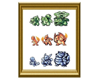 Gameboy Starter Pokemon Evolutions Cross Stitch Patterns 3 Patterns Set