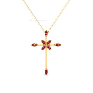 14K Gold Ruby Floral Cross Necklace: Religious Pendant