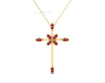 14K Gold Ruby Floral Cross Necklace: Religious Pendant
