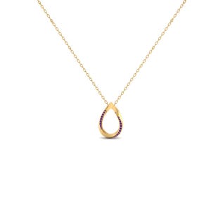May include: A gold pendant necklace with a teardrop design. The pendant is embellished with small, purple gemstones. The necklace has a fine chain. The pendant's shape is reminiscent of a water droplet.