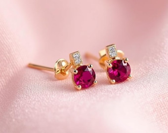 14K Gold Plated Ruby Stud Earrings: Dainty CZ Accent, Minimalist Style