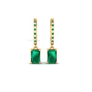 Emerald Cut Emerald Drop Dangle Earrings | Diamond & Emerald Dangles | May Birthstone Earrings | Gift for Her | Anniversary Gift for Wife