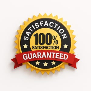 May include: A 3D rendered badge with a yellow sunburst border, a black ring with the word "SATISFACTION" in white, and a yellow center with "100% SATISFACTION" in black. A red ribbon at the bottom reads "GUARANTEED".