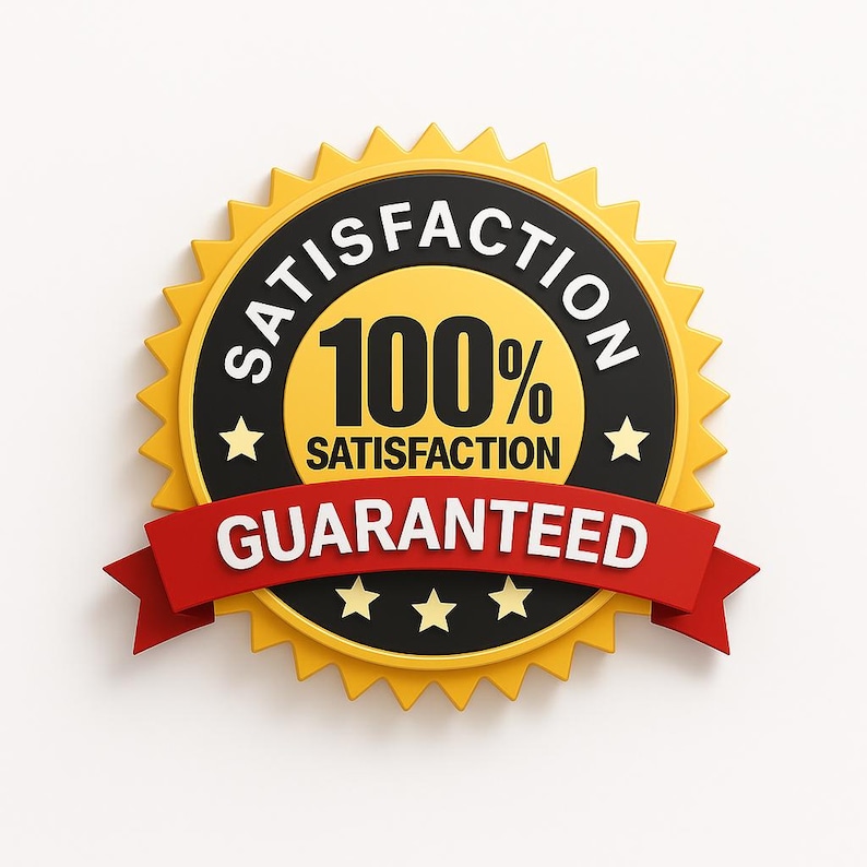 May include: A 3D rendered badge with a yellow sunburst border, a black ring with the word "SATISFACTION" in white, and a yellow center with "100% SATISFACTION" in black. A red ribbon at the bottom reads "GUARANTEED".