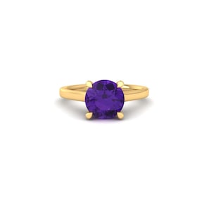 Round Amethyst Solitaire Ring | 14K Gold Plated Classic Amethyst Ring | February Birthstone Engagement Ring | Purple Gemstone Promise Ring