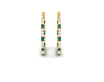14K Gold Emerald Diamond Inside Out Hoop Earrings, Large Gemstone Hoops