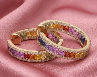 Rainbow Hoop Earrings Multi Color Gemstone Jewelry for Women,14k Gold Plated