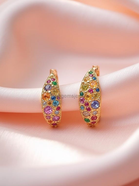 multi gemstone earrings, gemstone hoops 14k, 14k gold earrings, 14k yellow gold earrings