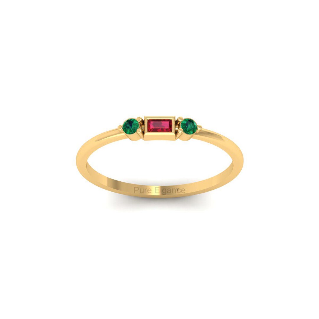 Ruby Baguette Emerald Ring: 14K Gold Plated Dainty Stacking Band - Etsy