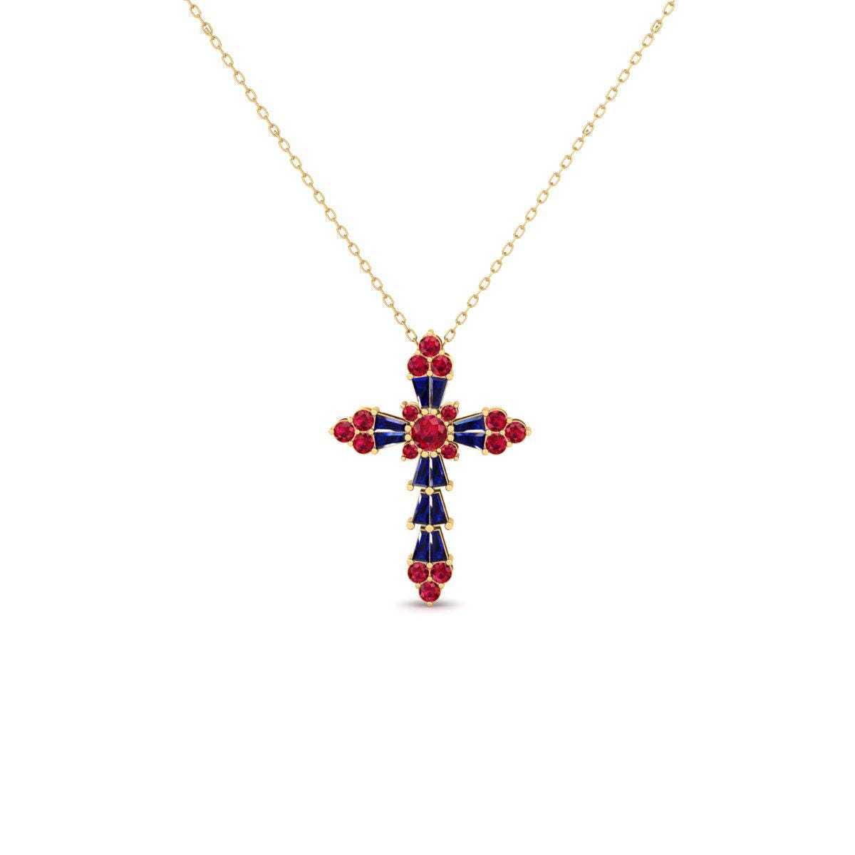 Ruby Sapphire Cross Necklace | Unique Baguette & Round Stone Cross Pendant | 14K Gold Plated | Modern Religious Jewelry | Spiritual Gift