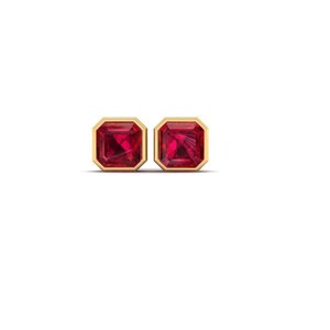May include: A pair of square-cut ruby stud earrings with a gold bezel setting. The vibrant red gemstones are set in a gold frame, creating a classic and elegant look. The earrings are displayed on a white background.