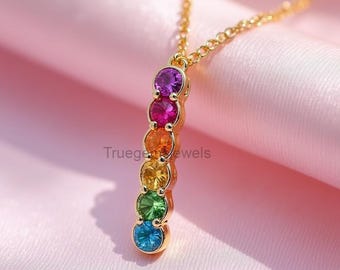 14K Gold Rainbow Bar Necklace: Dainty Multicolored CZ Gemstone Pendant